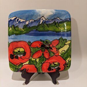 Hand-Painted Decorative Plate – Double-Sided Art – Mountain, River & Poppies